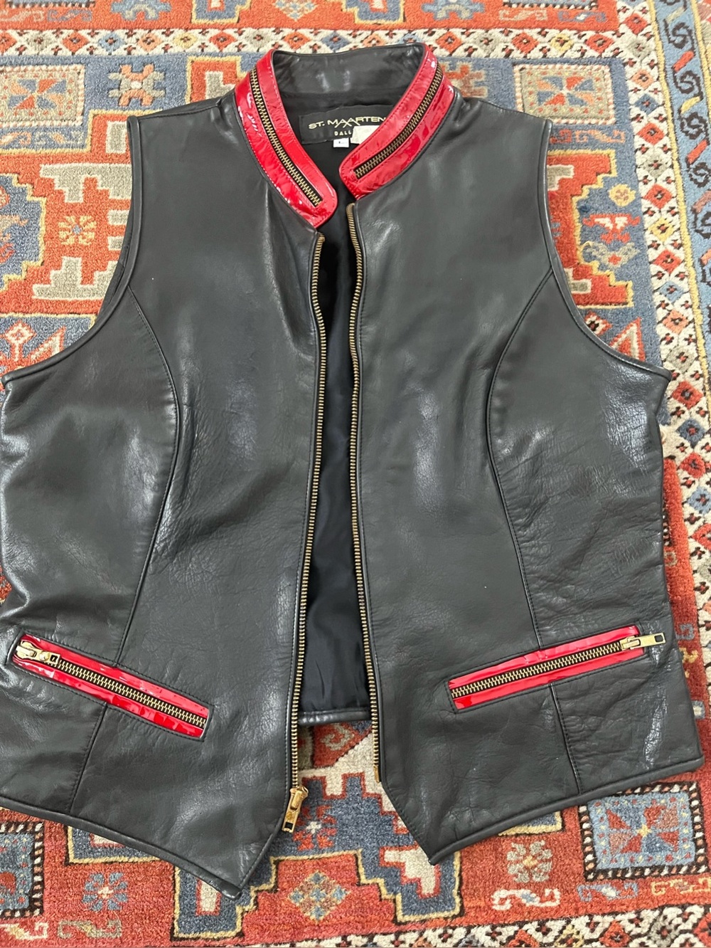 St Maarten Dallas Black Leather red patent zipper vest western glam
